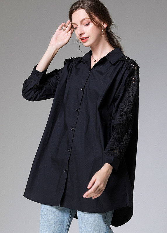 Women Black Embroidered Button Patchwork Top Fall