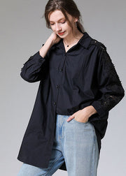 Women Black Embroidered Button Patchwork Top Fall