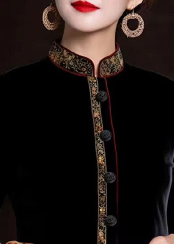 Women Black Embroidered Button Silk Coats Long Sleeve