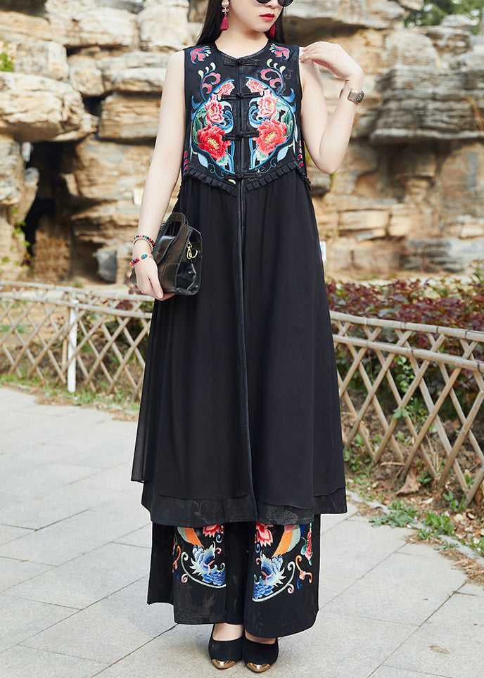 Women Black Embroidered Chinese Button Patchwork Silk Long Waistcoat Sleeveless