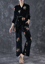 Women Black Embroideried Chinese Button Silk Velour 2 Piece Outfit Spring