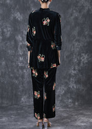 Women Black Embroideried Chinese Button Silk Velour 2 Piece Outfit Spring