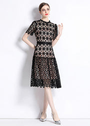 Women Black Embroidered Hollow Out Patchwork Lace Dress Summer