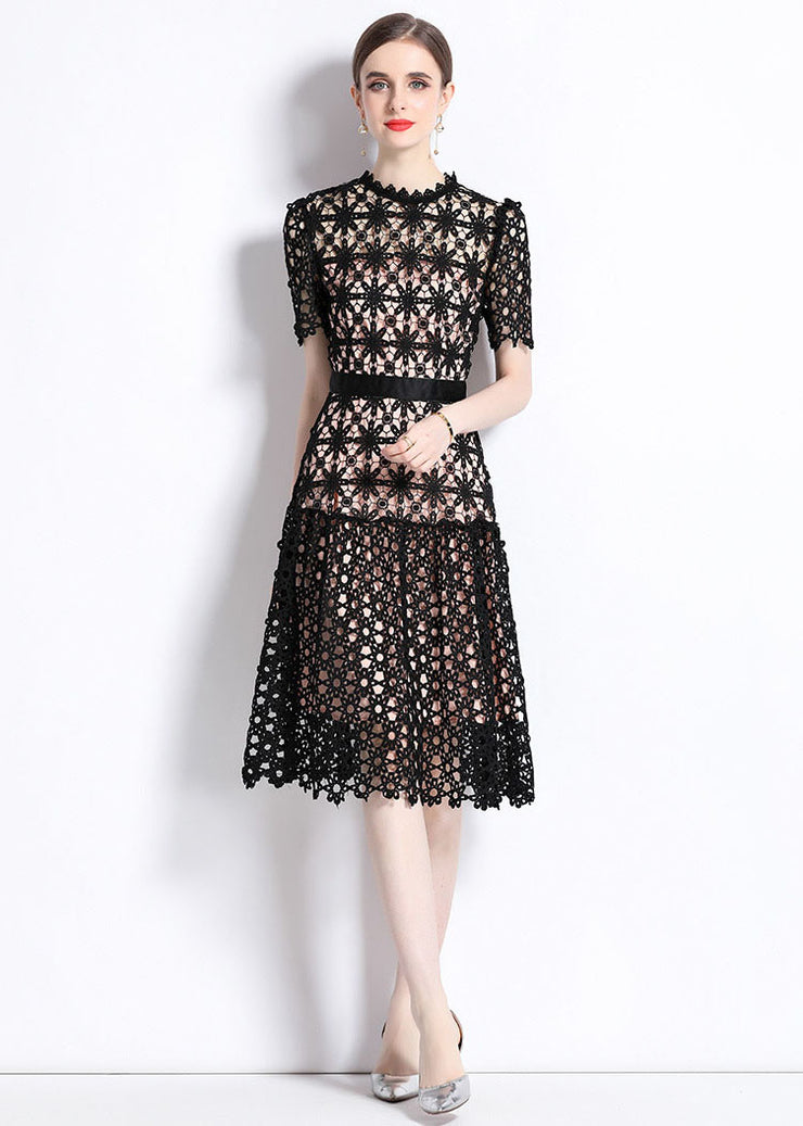 Women Black Embroidered Hollow Out Patchwork Lace Dress Summer