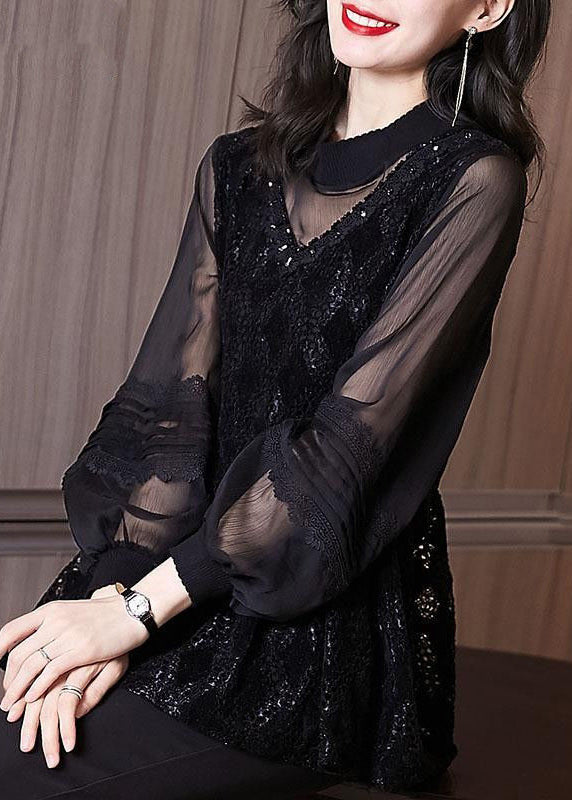 Women Black Embroidered Hollow Out Patchwork Lace Top Lantern Sleeve