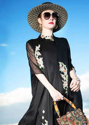 Women Black Embroidered Patchwork Silk Cardigans Summer