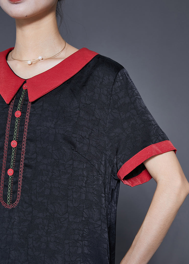 Women Black Embroidered Patchwork Silk Dress Summer