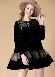 Women Black Embroidered Patchwork Velour Mini Dress Spring