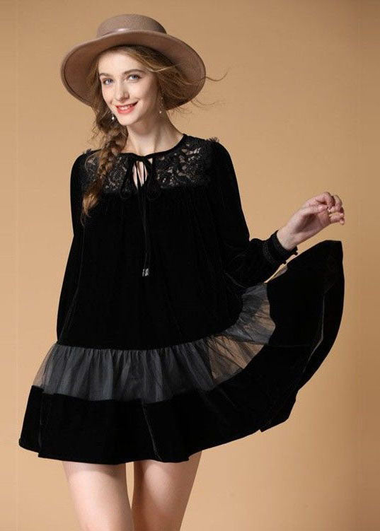 Women Black Embroidered Patchwork Velour Mini Dress Spring