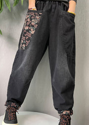 Women Black Embroidered Pockets denim Pants Spring