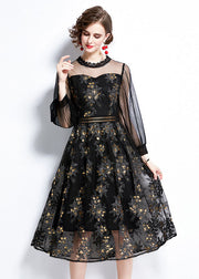 Women Black Embroidered Sequins Patchwork Hollow Out Tulle Dress Fall