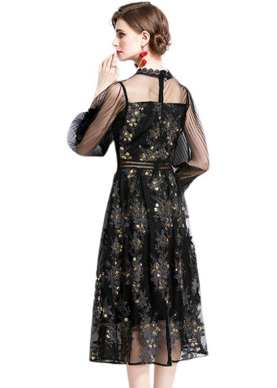 Women Black Embroidered Sequins Patchwork Hollow Out Tulle Dress Fall