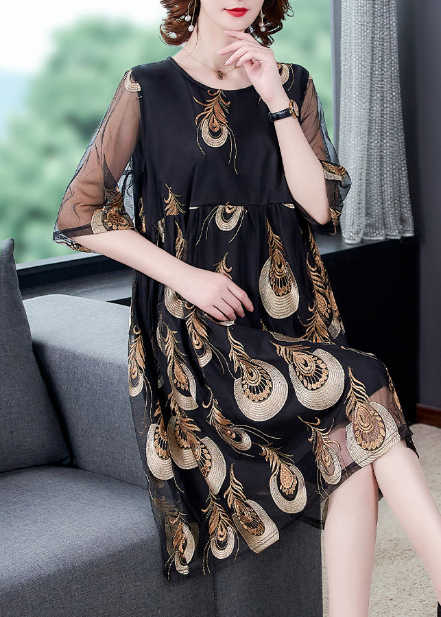 Women Black Embroidered Tulle Patchwork Wrinkled Chiffon Dress Half Sleeve