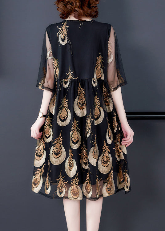 Women Black Embroidered Tulle Patchwork Wrinkled Chiffon Dress Half Sleeve