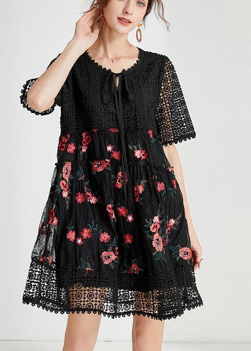 Women Black Embroidery Lace Bow Summer Dress - SooLinen