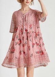 Women Black Embroidery Lace Bow Summer Dress - SooLinen