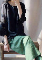 Women Black Embroidery Tunics O Neck Plus Size Clothing Tops - SooLinen