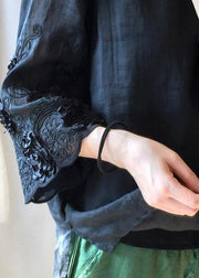 Women Black Embroidery Tunics O Neck Plus Size Clothing Tops - SooLinen