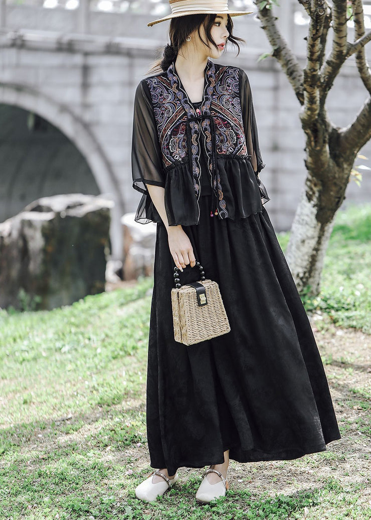Women Black Ethnic Style Embroidered Ruffled Linen Silk Blouse Tops Summer