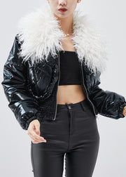 Women Black Faux Fur Collar Fine Cotton Filled Women Coats Winter