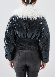 Women Black Faux Fur Collar Fine Cotton Filled Women Coats Winter