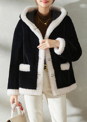 Women Black Faux Fur Thick Button Hooded Coats Winter
