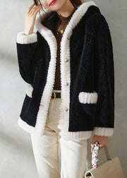 Women Black Faux Fur Thick Button Hooded Coats Winter