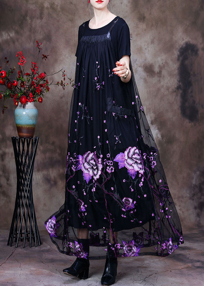 Women Black Floral Embroidered Pockets Lace Two Pieces Set Summer