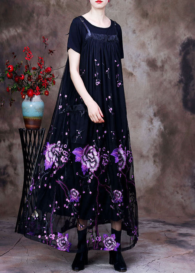 Women Black Floral Embroidered Pockets Lace Two Pieces Set Summer
