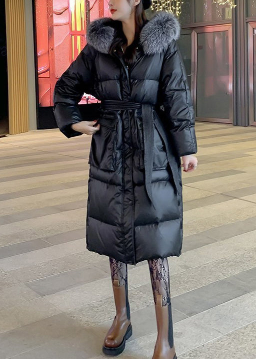 Women Black Fox Collar Tie Waist Patchwork Duck Down Coats Winter