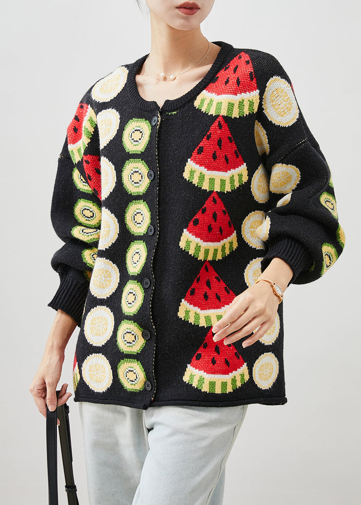 Women Black Fruit Print Oversized Knit Cardigans Winter