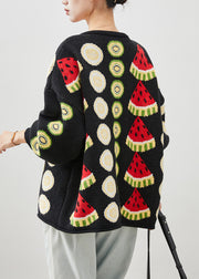 Women Black Fruit Print Oversized Knit Cardigans Winter