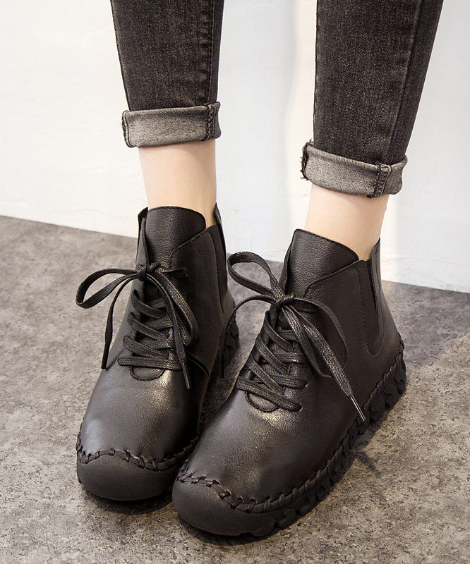Women Black Genuine Leather Boots Warm Fleece Lace Up Boots