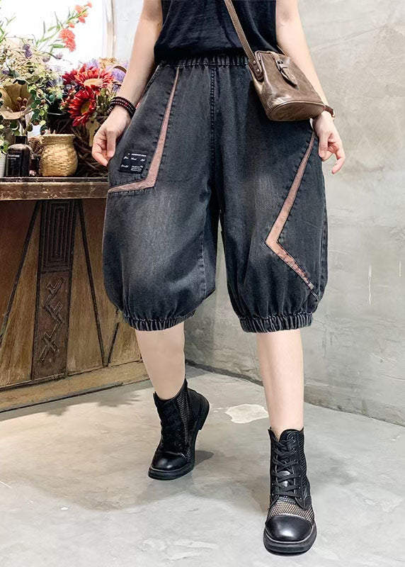 Frauen Schwarz Grau Elastische Taille Asymmetrische Applikation Baumwolle Denim Crop Pants Sommer