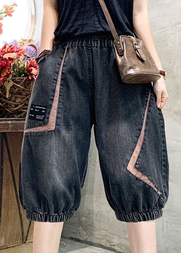 Women Black Grey Elastic Waist Asymmetrical Applique Cotton Denim Crop Pants Summer