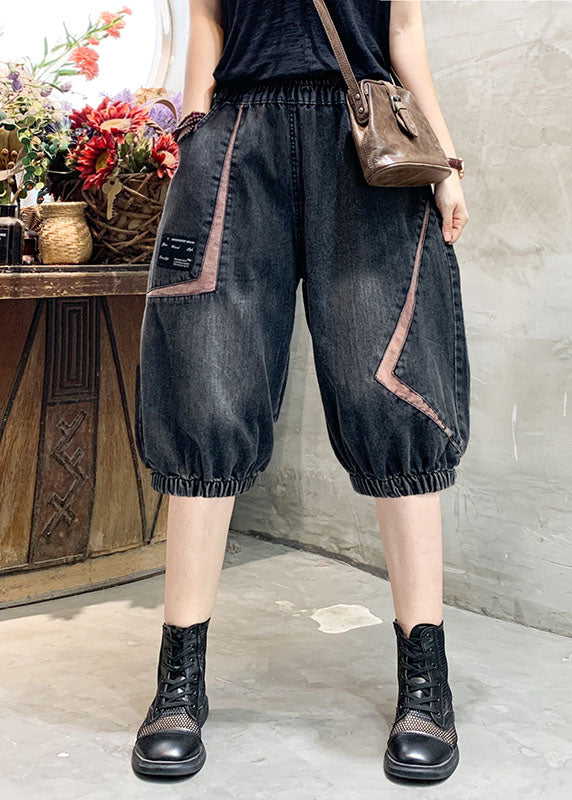 Women Black Grey Elastic Waist Asymmetrical Applique Cotton Denim Crop Pants Summer