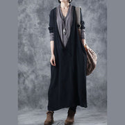 Damen Schwarz Grau V-Ausschnitt Taschen Patchwork Herbst Strick Langarm Kleid