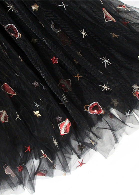 Women Black Hearts Embroidered Floral Sequins Tulle Long Skirt Spring