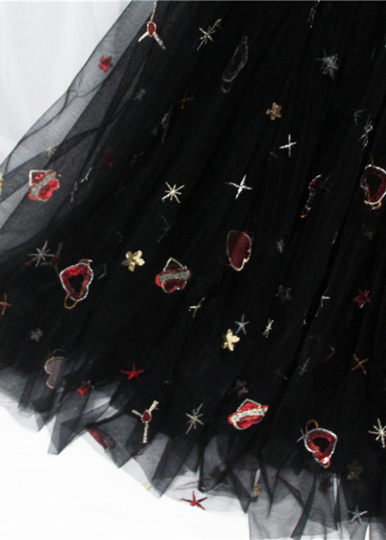 Women Black Hearts Embroidered Floral Sequins Tulle Long Skirt Spring