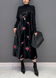 Women Black High Neck Embroidered Knit Patchwork Silk Velour Dress Spring