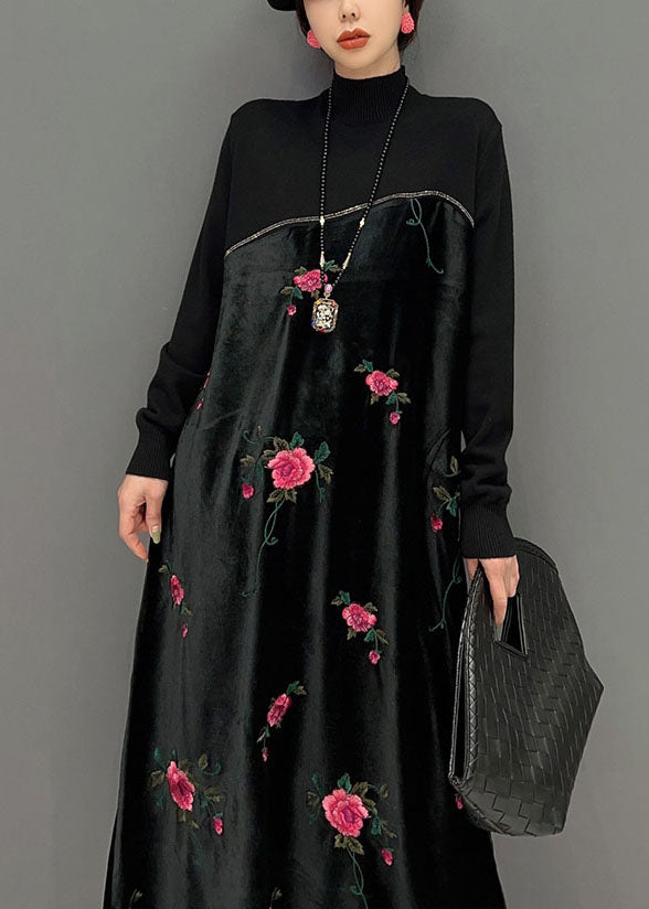 Women Black High Neck Embroidered Knit Patchwork Silk Velour Dress Spring