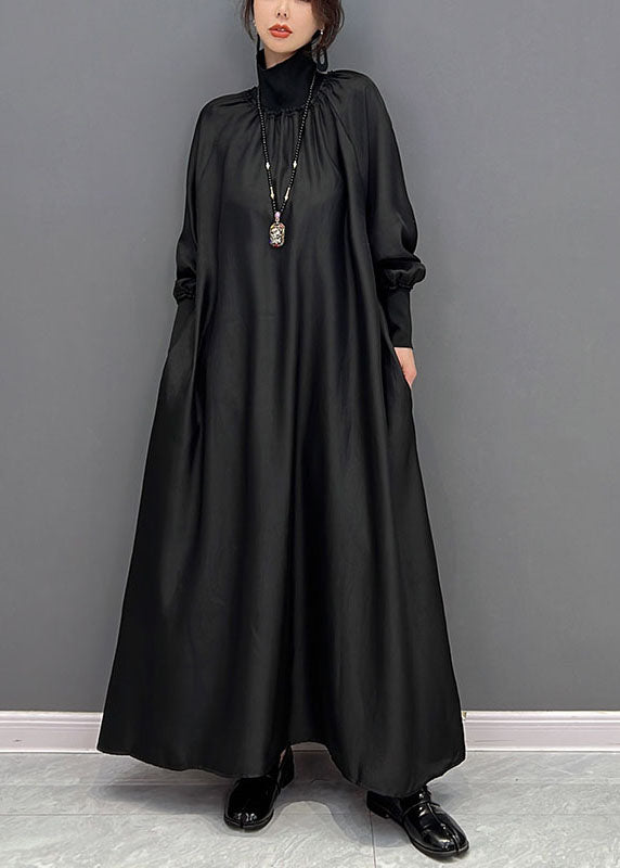 Women Black High Neck Oversized Silk Long Dress Spring