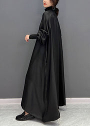 Women Black High Neck Oversized Silk Long Dress Spring
