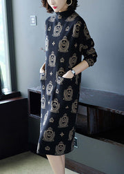 Frauen Schwarz High Neck Print Taschen Strickpullover Kleid Langarm