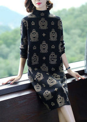 Frauen Schwarz High Neck Print Taschen Strickpullover Kleid Langarm