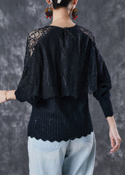 Women Black Hollow Out Patchwork Lace Tops Spring
