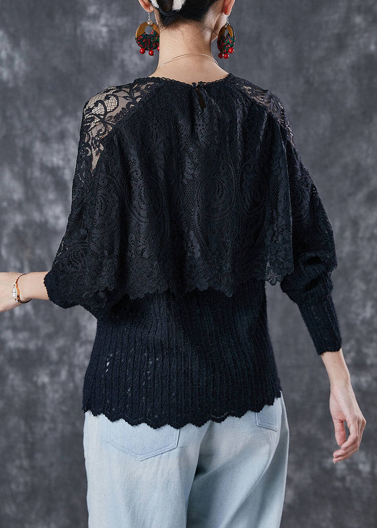 Women Black Hollow Out Patchwork Lace Tops Spring