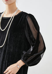 Women Black Hollow Out Patchwork Silk Velour Maxi Dresses Bracelet Sleeve