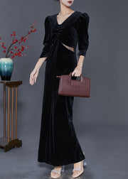 Women Black Hollow Out Silm Fit Silk Velour Long Dresses Fall