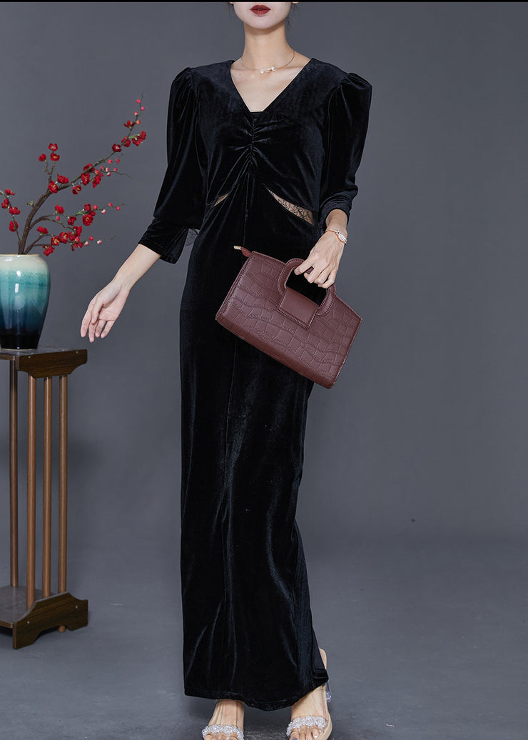Women Black Hollow Out Silm Fit Silk Velour Long Dresses Fall